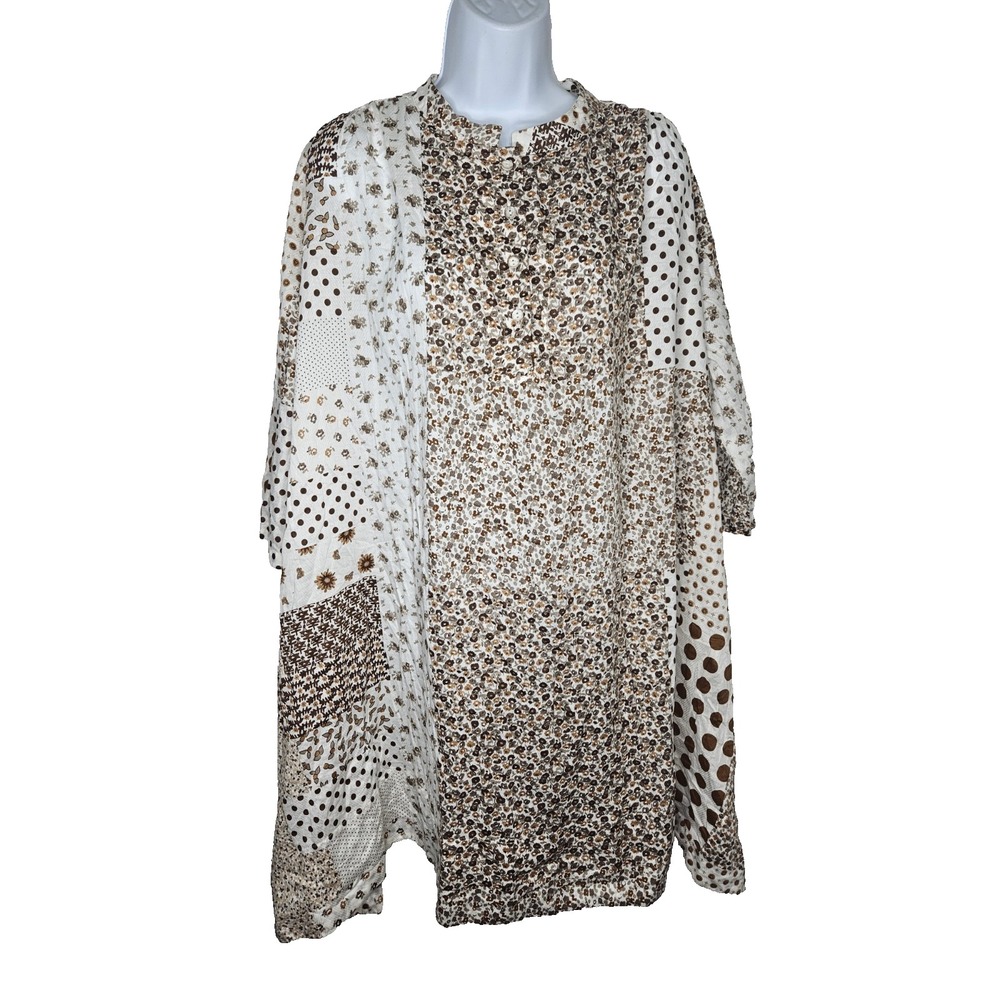 Women's Boho Patchwork Tunic Top Dress Multicolor Floral Polka Dot Long Sleeve 1